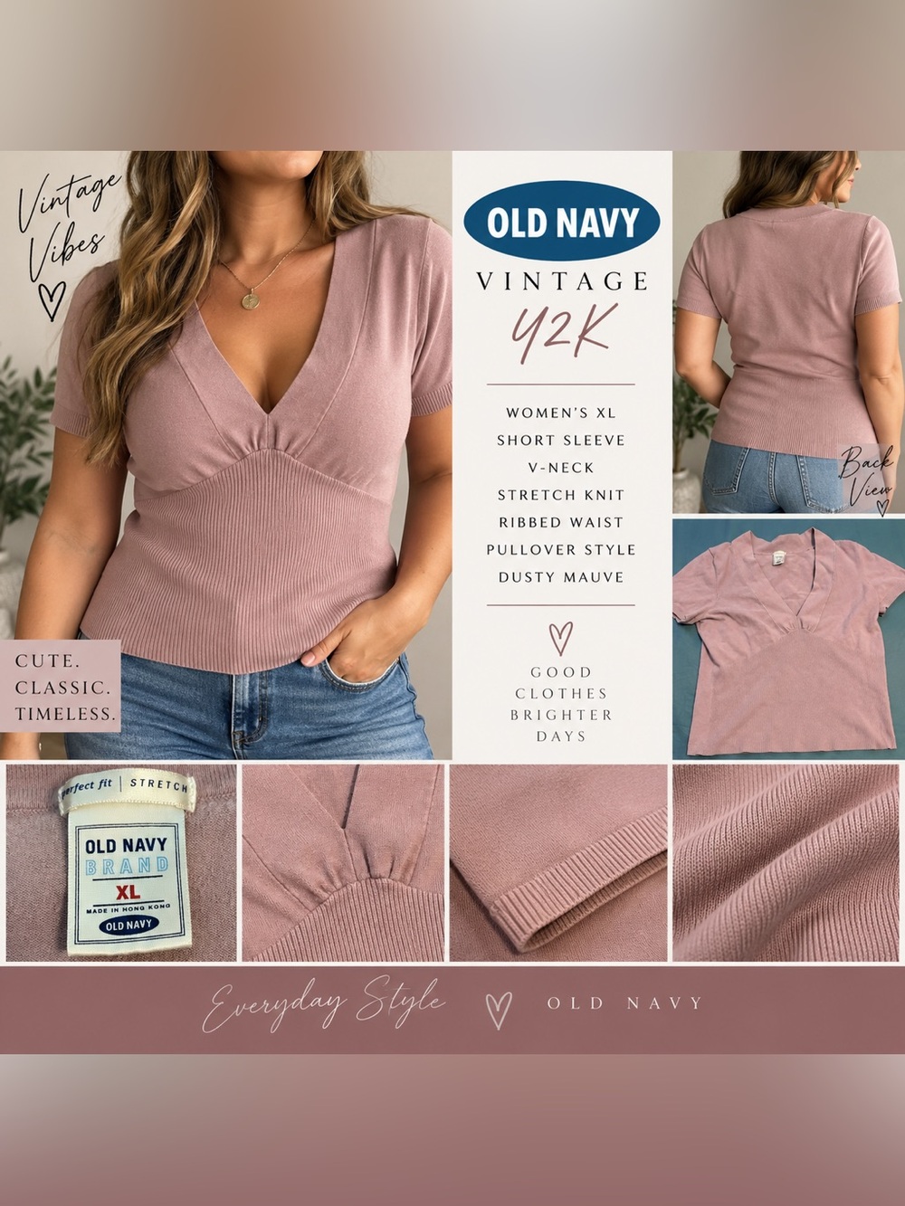 Old Navy Vintage Y2K Mauve Knit V-Neck Top – Women’s XL